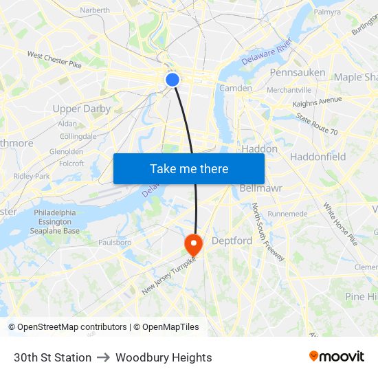 30th St Station to Woodbury Heights map