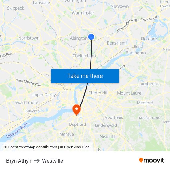 Bryn Athyn to Westville map