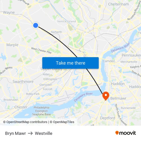 Bryn Mawr to Westville map
