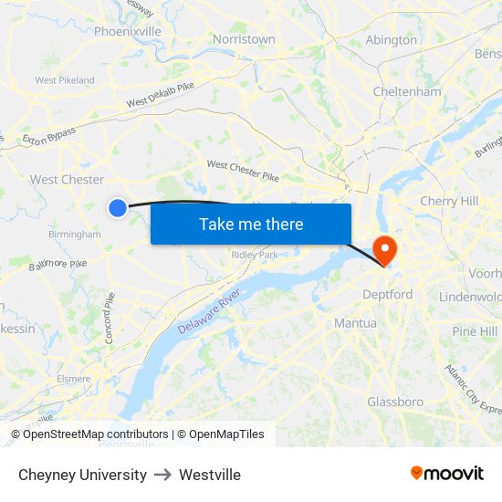 Cheyney University to Westville map