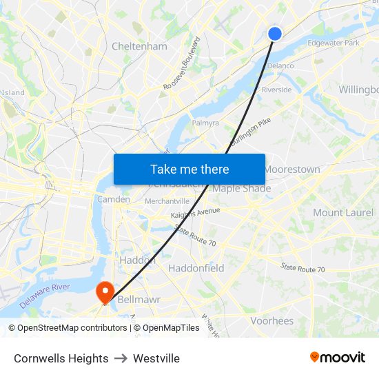 Cornwells Heights to Westville map