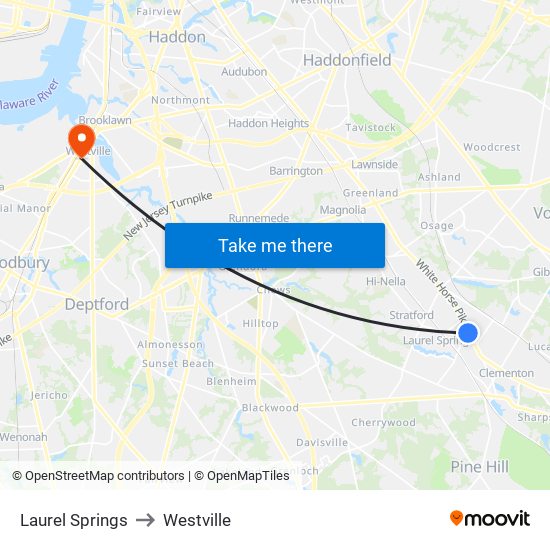 Laurel Springs to Westville map