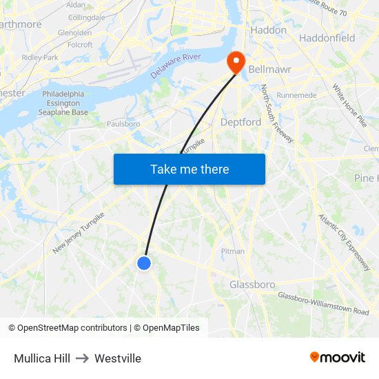 Mullica Hill to Westville map