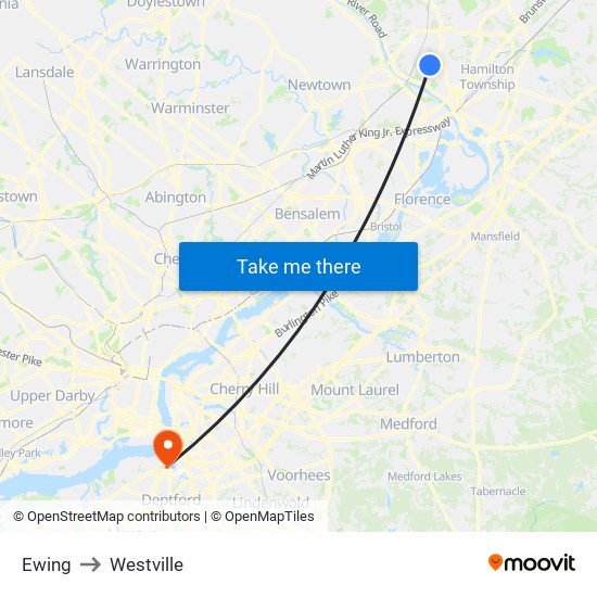 Ewing to Westville map