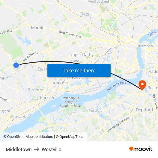 Middletown to Westville map