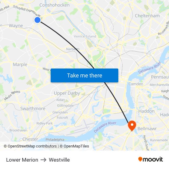 Lower Merion to Westville map