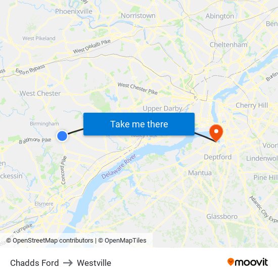 Chadds Ford to Westville map