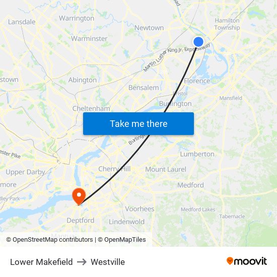 Lower Makefield to Westville map