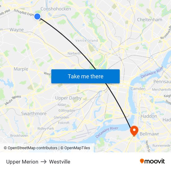 Upper Merion to Westville map