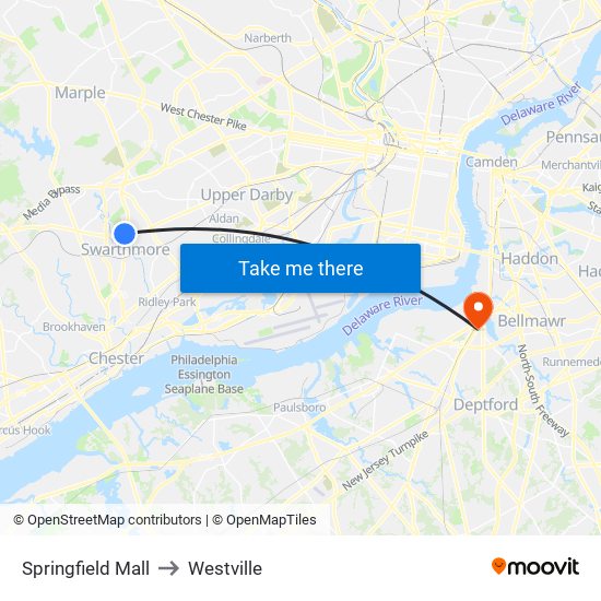 Springfield Mall to Westville map