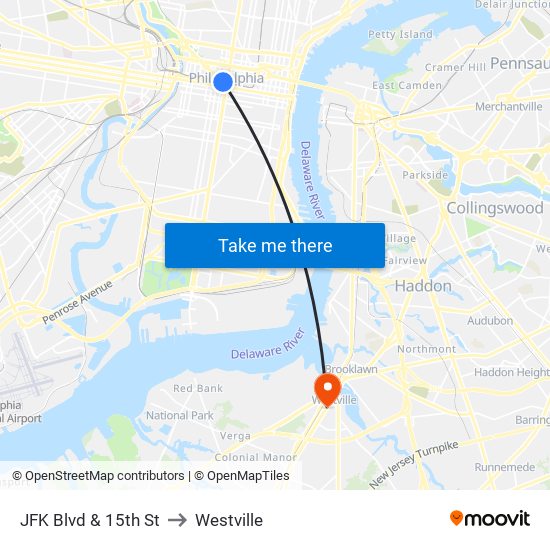 JFK Blvd & 15th St to Westville map