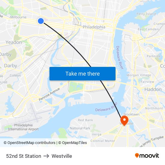 52nd St Station to Westville map