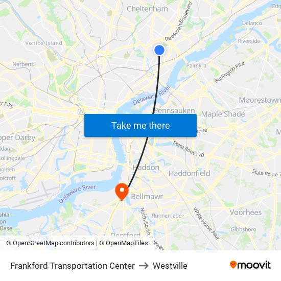 Frankford Transportation Center to Westville map
