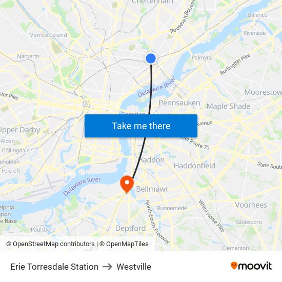 Erie Torresdale Station to Westville map