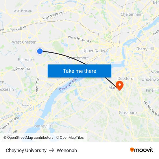 Cheyney University to Wenonah map