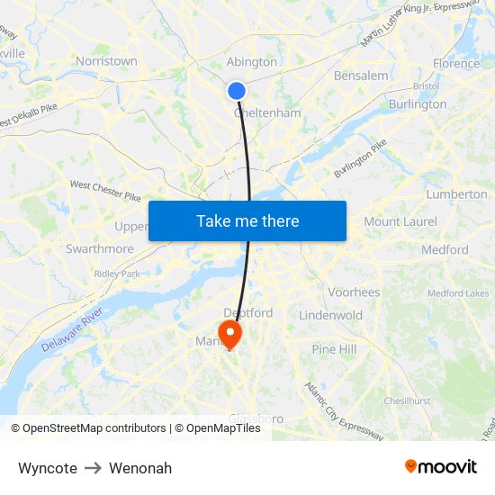 Wyncote to Wenonah map