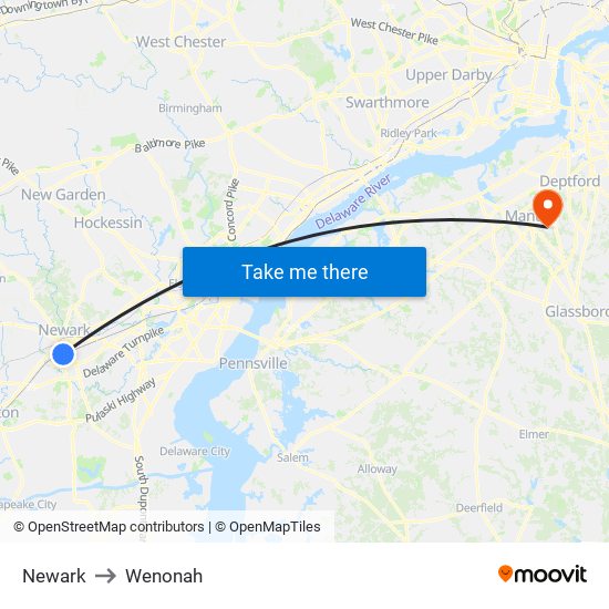 Newark to Wenonah map