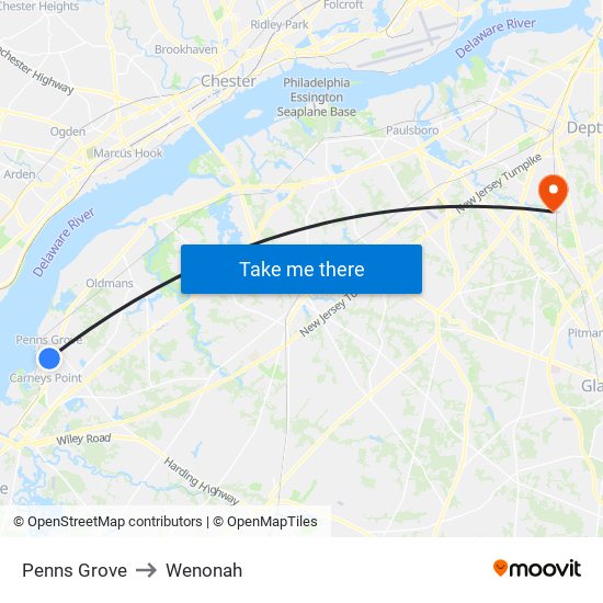 Penns Grove to Wenonah map