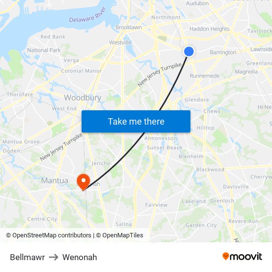 Bellmawr to Wenonah map