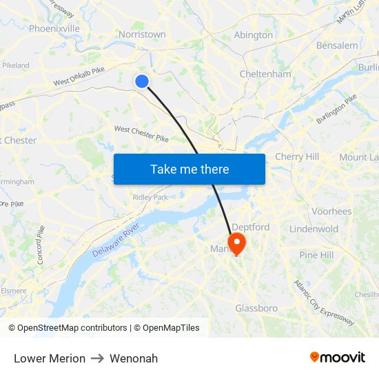 Lower Merion to Wenonah map