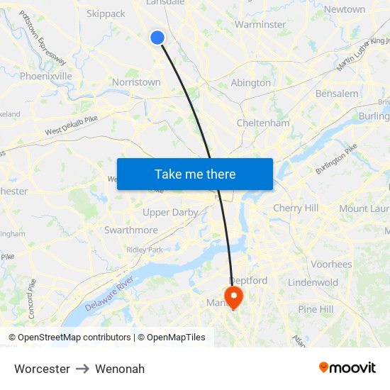 Worcester to Wenonah map