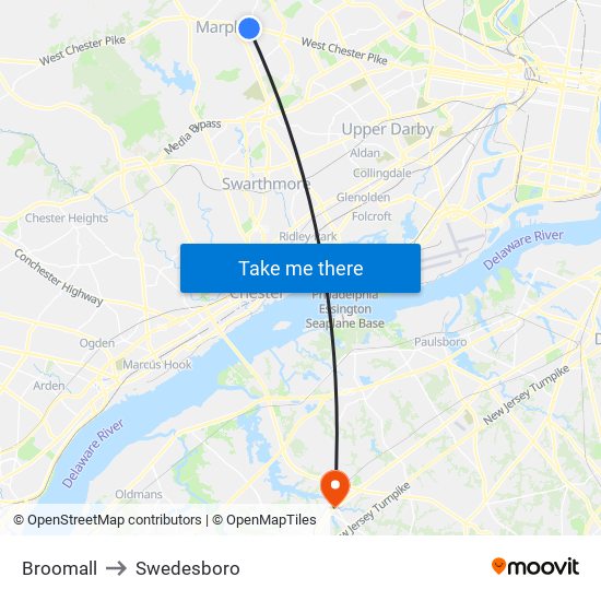 Broomall to Swedesboro map