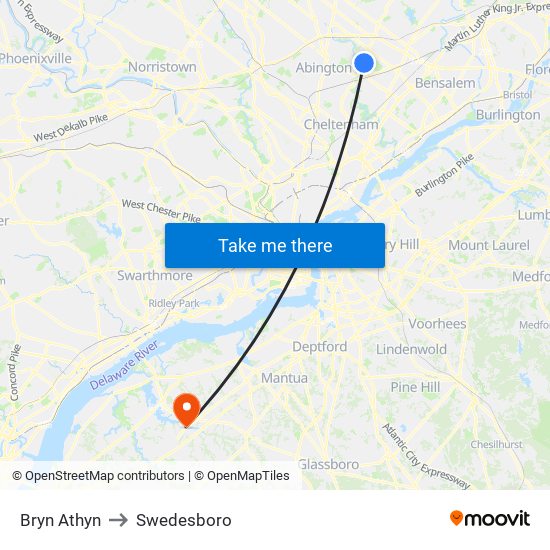 Bryn Athyn to Swedesboro map