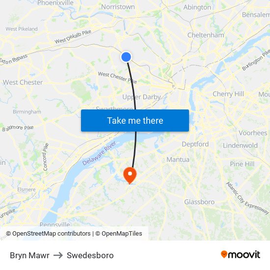 Bryn Mawr to Swedesboro map