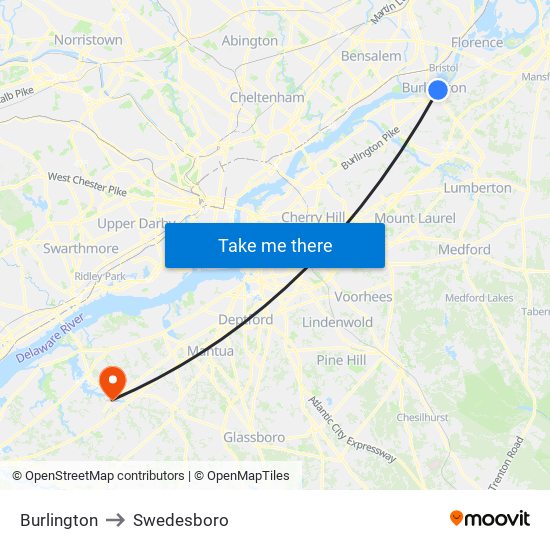 Burlington to Swedesboro map