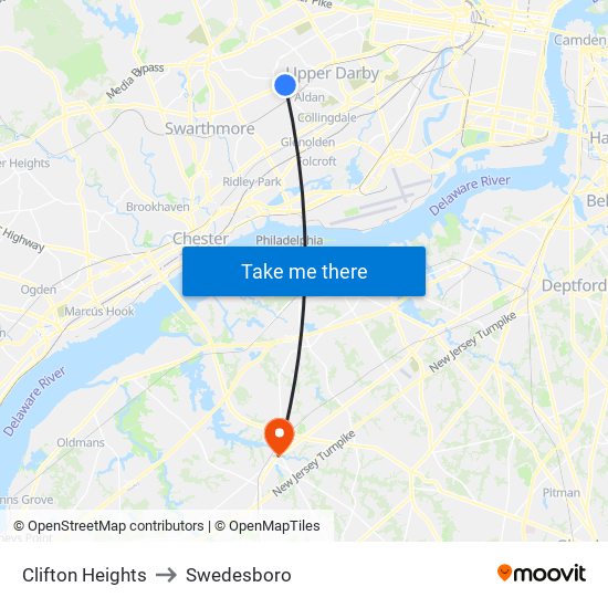 Clifton Heights to Swedesboro map