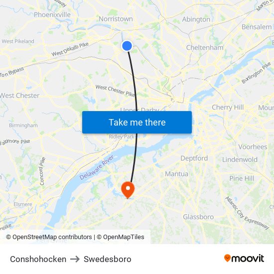 Conshohocken to Swedesboro map