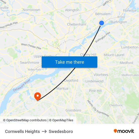 Cornwells Heights to Swedesboro map