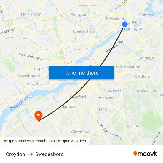 Croydon to Swedesboro map