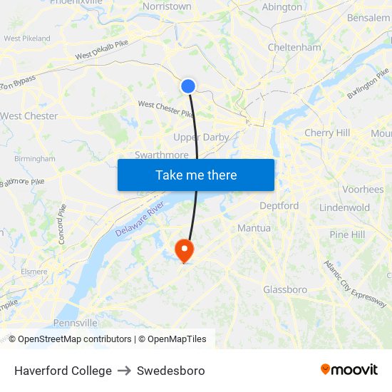 Haverford College to Swedesboro map