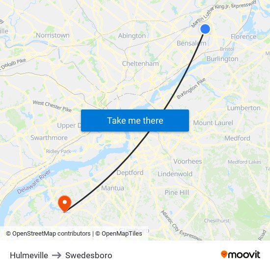 Hulmeville to Swedesboro map