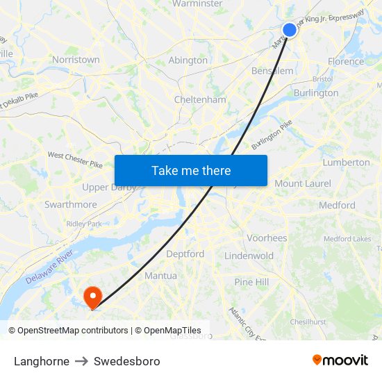 Langhorne to Swedesboro map