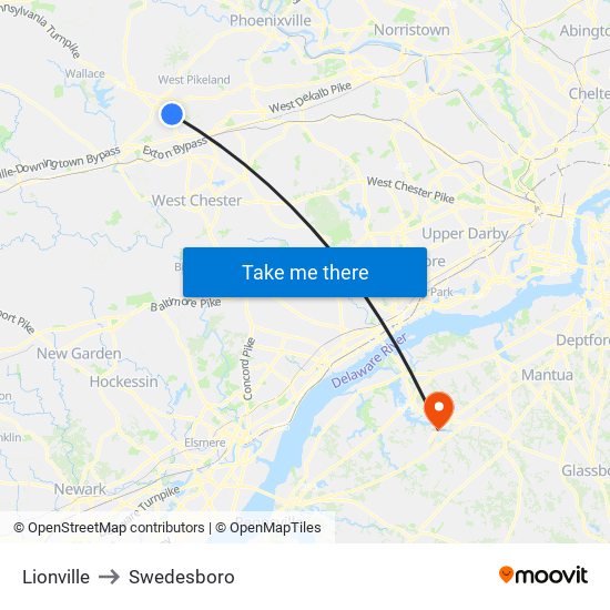 Lionville to Swedesboro map