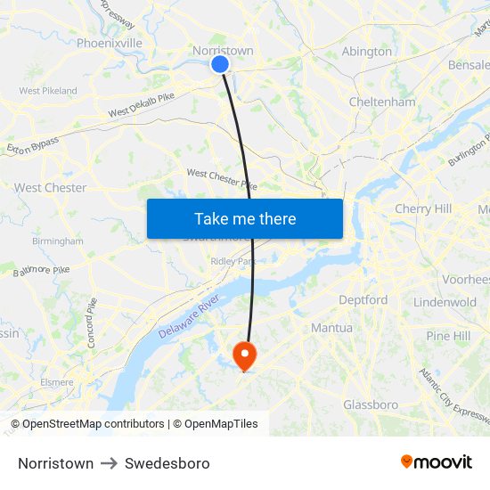 Norristown to Swedesboro map