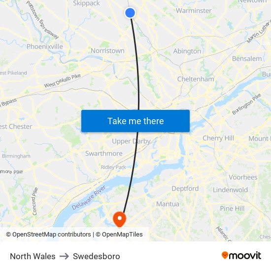 North Wales to Swedesboro map