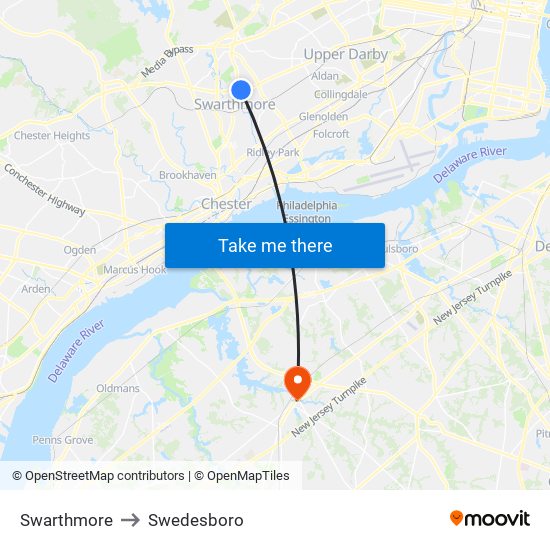 Swarthmore to Swedesboro map