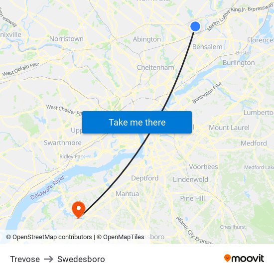 Trevose to Swedesboro map