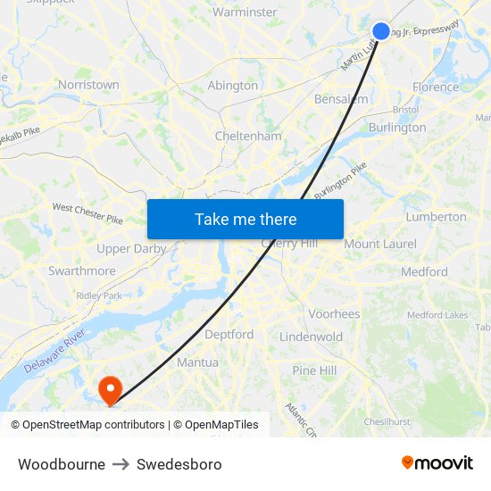 Woodbourne to Swedesboro map