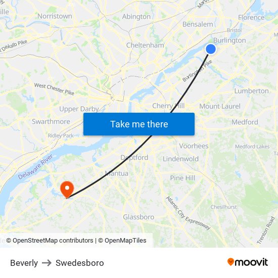 Beverly to Swedesboro map