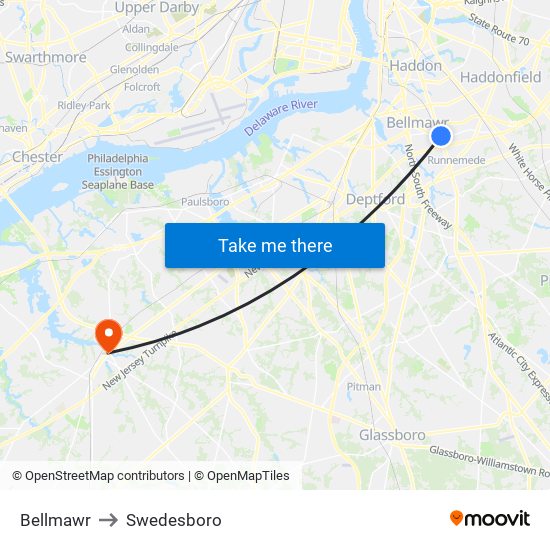 Bellmawr to Swedesboro map