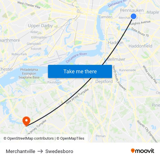 Merchantville to Swedesboro map