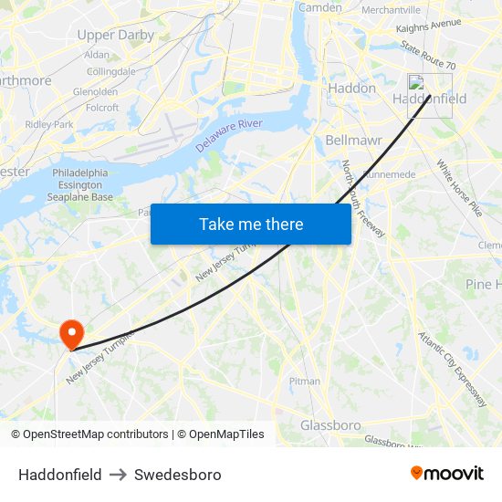 Haddonfield to Swedesboro map