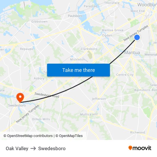 Oak Valley to Swedesboro map