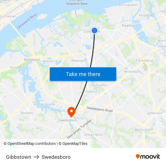 Gibbstown to Swedesboro map