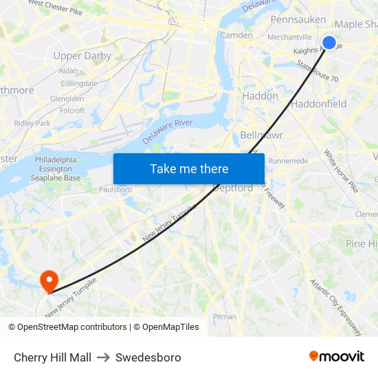 Cherry Hill Mall to Swedesboro map
