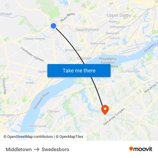 Middletown to Swedesboro map